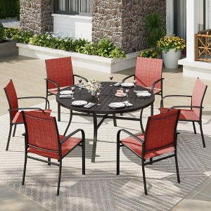 Captiva Designs 7pc Black Round Slatted Steel Table with Umbrella Hole & Textilene Chairs - 1 of 4