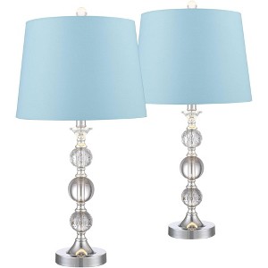 360 Lighting Solange Modern Table Lamps 25" High Set of 2 Stacked Glass Crystal Ball Silver Blue Hardback Drum Shade for Living Room Nightstand Office - 1 of 4