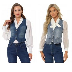 INSPIRE CHIC Women's Denim Sleeveless V Neck Button Down Casual Waistcoat Vest 2 Packs - 1 of 4