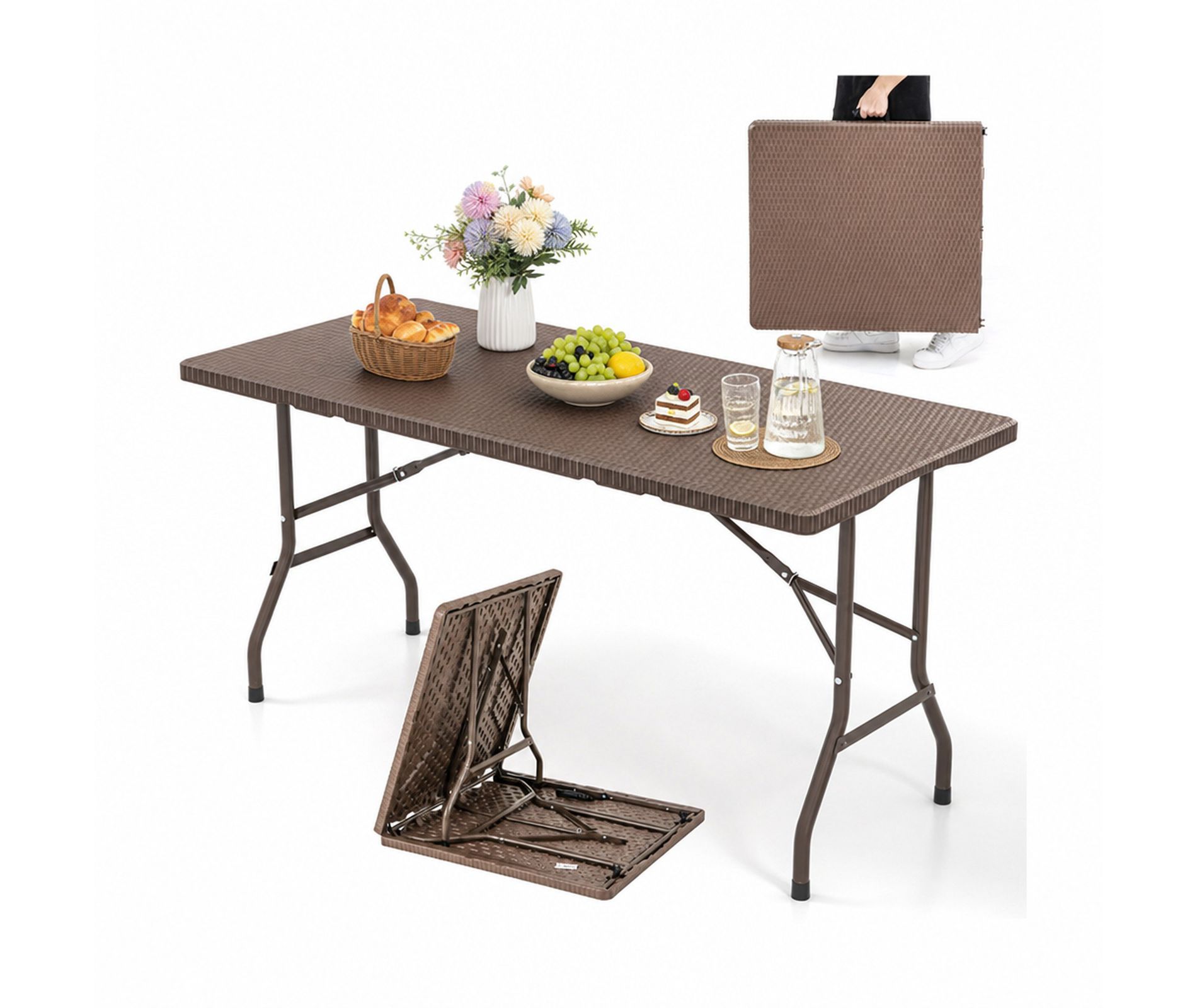 5 Ft Folding Picnic Table with Rattan Grain HDPE Tabletop and Sturdy Metal Frame for Backyard