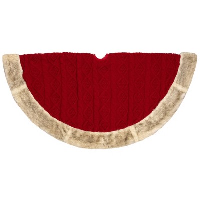 Red Cable Knit Christmas Tree Skirt with Faux Fur Trim - 48 Inch