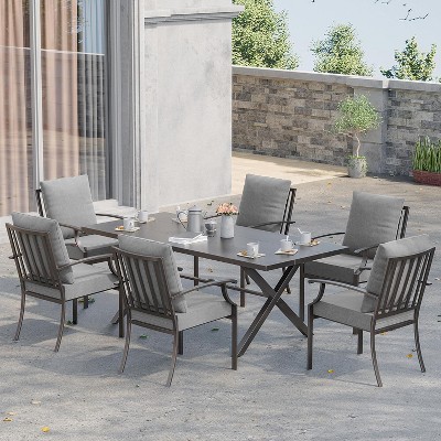 ALAULM Patio Dining Set Outdoor Furniture, Metal Furniture Set Fixed Chairs and Large Table with Umbrella Cutout,for Garden,Porch, Deck, Backyard