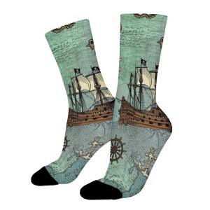 Pirate Ships Map Blue Women Printed Crew Socks Funny Funky Socks Soft Polyester Novelty Gifts for Artists Men - 1 of 1