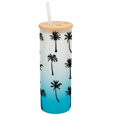 Elanze Designs Palm Tree Ocean Beach Life Wrap-Around Design 25 Ounce Frosted Gradient Glass On-The-Go Coffee Travel Skinny Tumbler Mug Cup, Bamboo