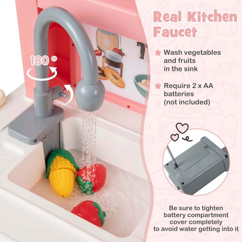 Costway Kids Pretend Kitchen Playset Role Play Kitchen Play Toy with Sink Oven Microwave Pink/Grey, 5 of 11