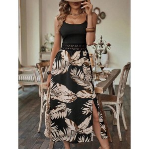 Mocamel Tropical Print Guipure Lace Insert Split Thigh Cami Dress - 1 of 4