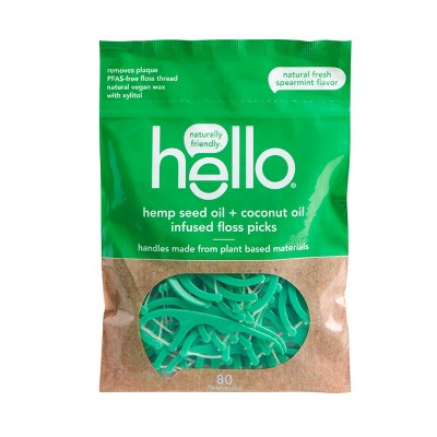 hello Hemp Seed Oil + Coconut Oil Infused Floss Picks with Plant-Based Handles Natural Fresh Spearmint - Trial Size - 80ct
