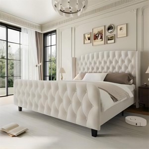 Diamond Button High-Back Upholstered Bed, Modern High Platform Bed Frame, Solid Wood with Soft and Comfortable Sponge Velvet, Bedroom Furniture - 1 of 4