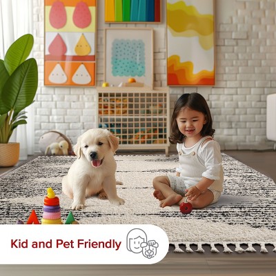 Off-White Synthetic Square Shag Rug with Braided Tassels