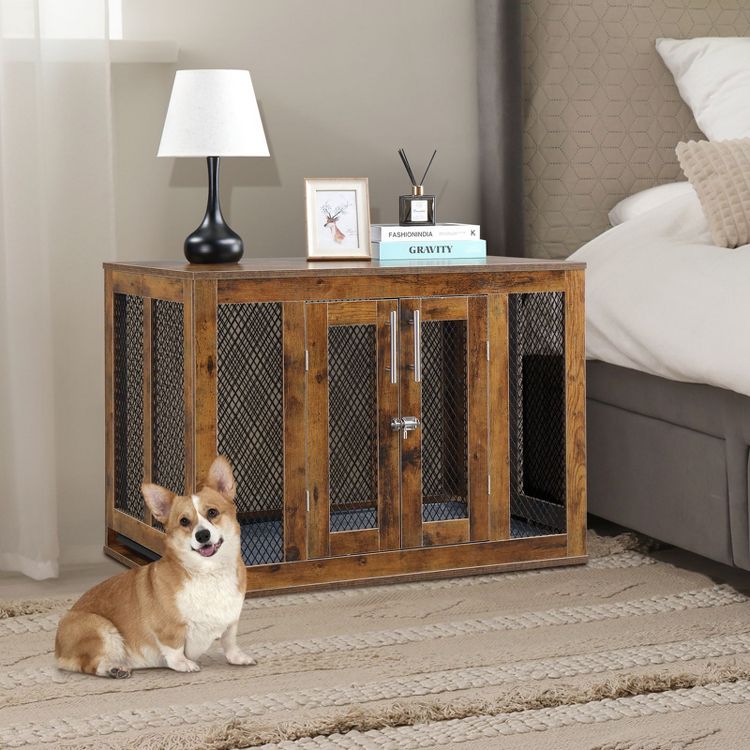 SEVOBAL Pet Crates and Houses Rustic Chic Pet Crate and Side Table ... - Industrial Chic Dog Crate