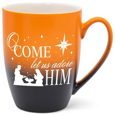 Elanze Designs O Come Let Us Adore Him Two Toned Ombre Matte Orange and Black 12 ounce Ceramic Stoneware Coffee Cup Mug