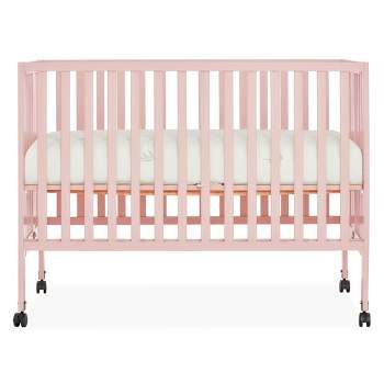 Dream On Me Quinn Full-Size Folding Crib I Removable Wheels I Modern Nursey I Adjustable Mattress Support I Patent Folding System in Blush Pink