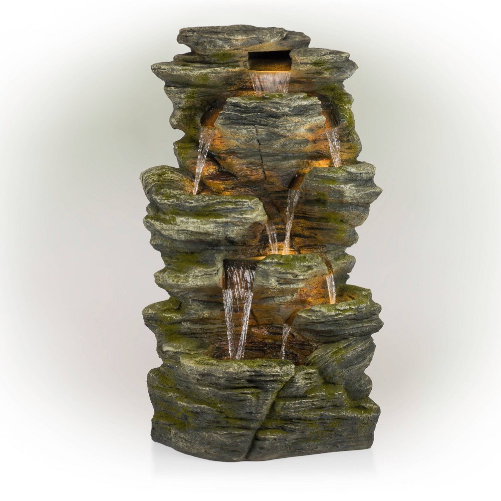 Photos - Fountain Pumps 51" Resin Rock Cascading Fountain with LED Lights Gray - Alpine Corporatio