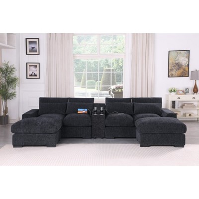 TiramisuBest Modern Luxe Modular Sectional Sofa with Built-in Console, USB Ports, Reclining & Ottomans for Living Room, Dark Gray