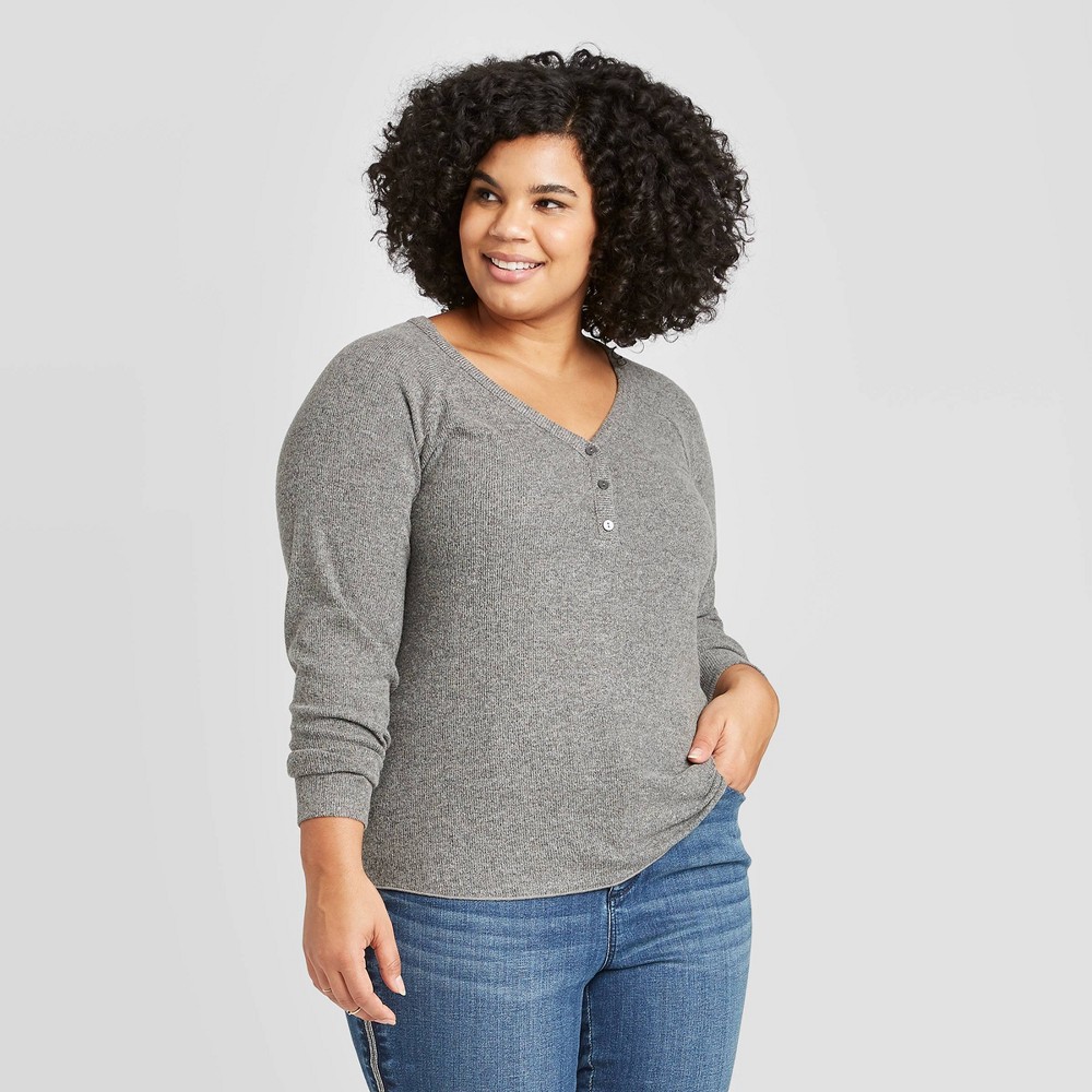 Women's Plus Size Long Sleeve Henley Neck Cozy Rib Shirt - Universal Thread Gray 2X, Women's, Size: 2XL was $17.99 now $12.59 (30.0% off)