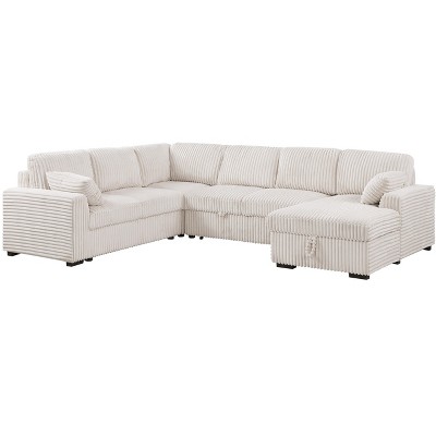 117.5" U Shaped Sleeper Sectional Sofa Pull Out Couch Bed for Living Room 6 Seater Plush Corduroy Upholstered Convertible Lounge Sofabed
