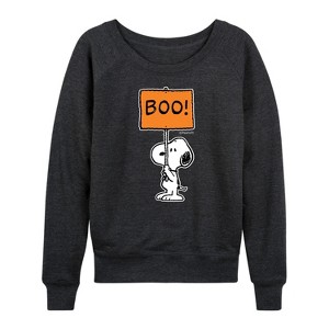 Women's - Peanuts - Snoopy Boo Sign Lightweight French Terry Wide Neck Long Sleeve Shirt - 1 of 4