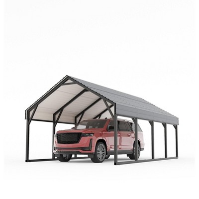 Metal carports with reinforced frames and steel roofs are weatherproof and provide permanent shelter for full-size pickup trucks, and tractors.