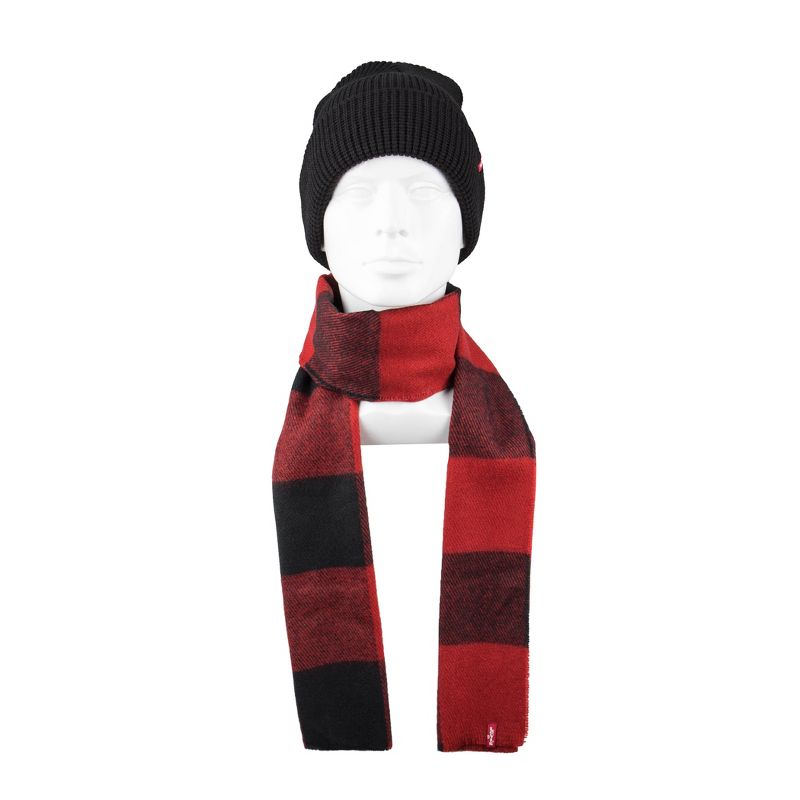 Levi's Men's Waffle Knit Beanie Hat and Plaid Scarf Set, 5 of 6