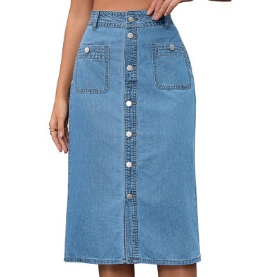 INSPIRE CHIC Women's Denim Button Down Front Slit with Pockets High Waist Pencil Midi Skirts