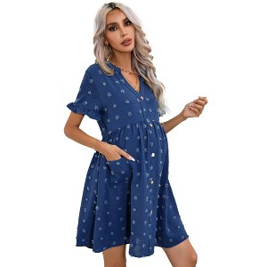 Clearlove Summer Dress Casual Lantern Sleeve V Neck Button Dress Swing Flowy Maternity Dresses - 1 of 4