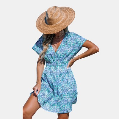 Womens' Blue & Green Abstract Dot Mini Beach Cover-Up Dress - Cupshe