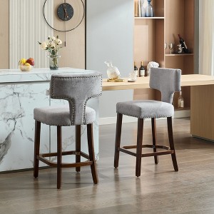 Mid-Century Modern Counter Height Bar Stools Set of 2, Farmhouse Linen Upholstered Accent Chairs with Curved Backrest and Copper Nail Trim - 1 of 4
