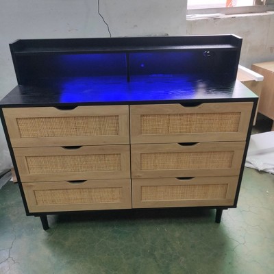 43.31" 6-Drawers Rattan Storage Cabinet with LED Lights and Power Outlet,6 Rattan Drawer for Bedroom,Living Room