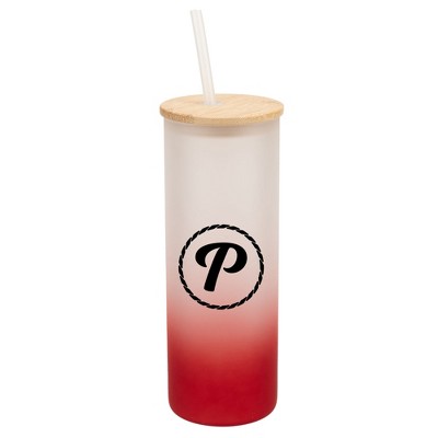 Elanze Designs P Monogram Letter Initial Rope Circle Wrap-Around Design 25 Ounce Frosted Gradient Glass On-The-Go Coffee Travel Skinny Tumbler Mug