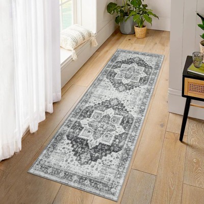 Runner Rug for Hallways Machine Washable Vintage Distressed Rug Non-Slip Low Pile No-Shedding Easy-Clean Bedside Accent Carpet Indoor