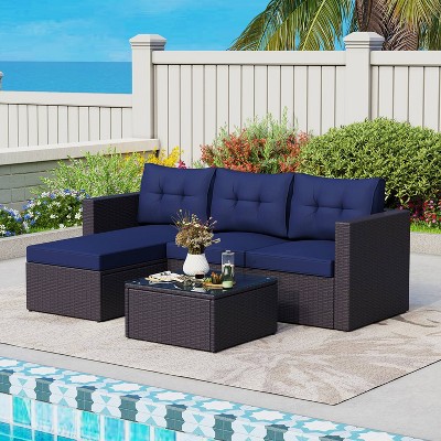 3pc Steel & Wicker Outdoor Conversation Set with Square Coffee Table & Cushions Blue - Captiva Designs