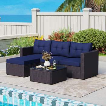3pc Steel & Wicker Outdoor Conversation Set with Square Coffee Table & Cushions - Captiva Designs
