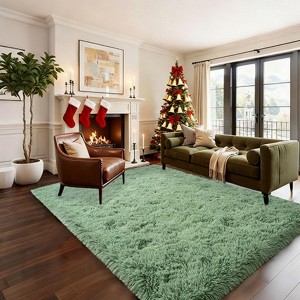 Grass Green Fluffy Shag Area Rug with Non-Slip Base & 4 Reusable Stickers, Soft Plush Mat - 1 of 4