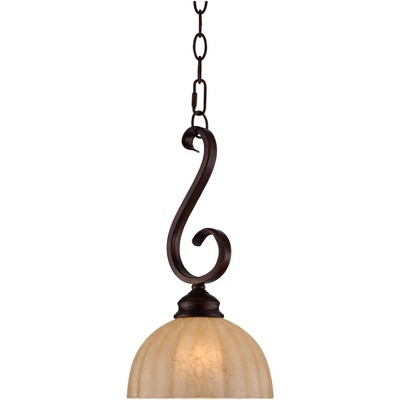 Franklin Iron Works Golden Bronze Mini Pendant Light 8" Wide Rustic Iron Scroll Amber Glass Shade Fixture for Kitchen Island