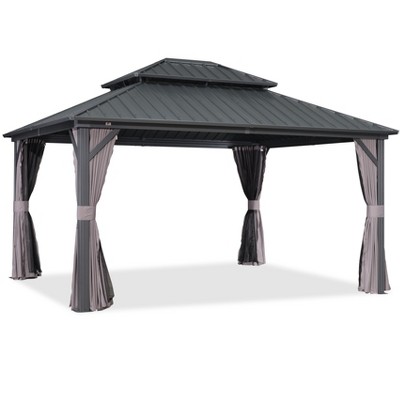PURPLE LEAF Permanent Hardtop Gazebo Aluminum Frame Gazebo with Galvanized Steel Double Roof, UV-Resistant, Netting & Curtains included - Grey