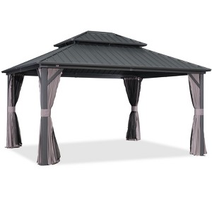 PURPLE LEAF Permanent Hardtop Gazebo Aluminum Frame Gazebo with Galvanized Steel Double Roof, UV-Resistant, Netting & Curtains included - Grey - 1 of 4