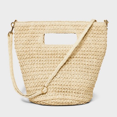 Straw Crossbody Bucket Bag Universal Thread Beige