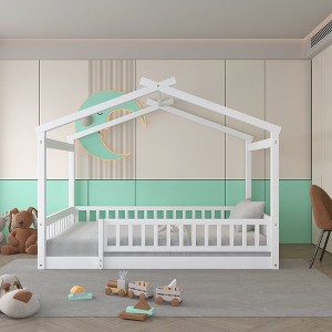 Racxily House Bed Frame, Wooden Fenced Design for Kids & Teens - 1 of 4