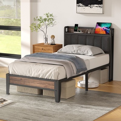 Lusimo Twin Bed Frame Upholstered Platform Bed with Storage Headboard and Charging Station
