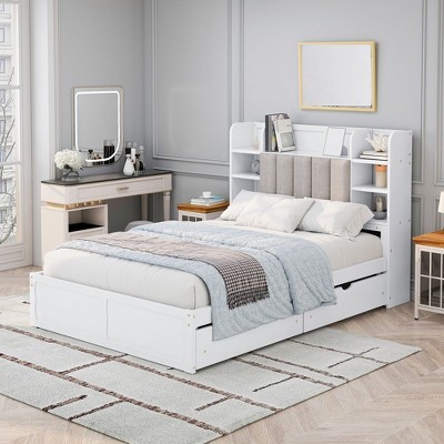 Full Size Bed Frames, Upholstered Headboard with Storage Rack, Platform Bed Frame with 4 Drawer, Wood Slats Supports