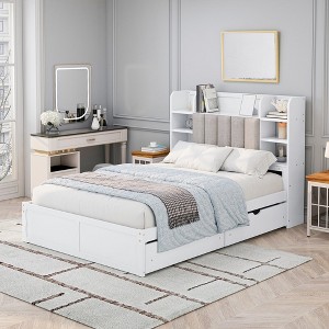 Full Size Bed Frames, Upholstered Headboard with Storage Rack, Platform Bed Frame with 4 Drawer, Wood Slats Supports - 1 of 4