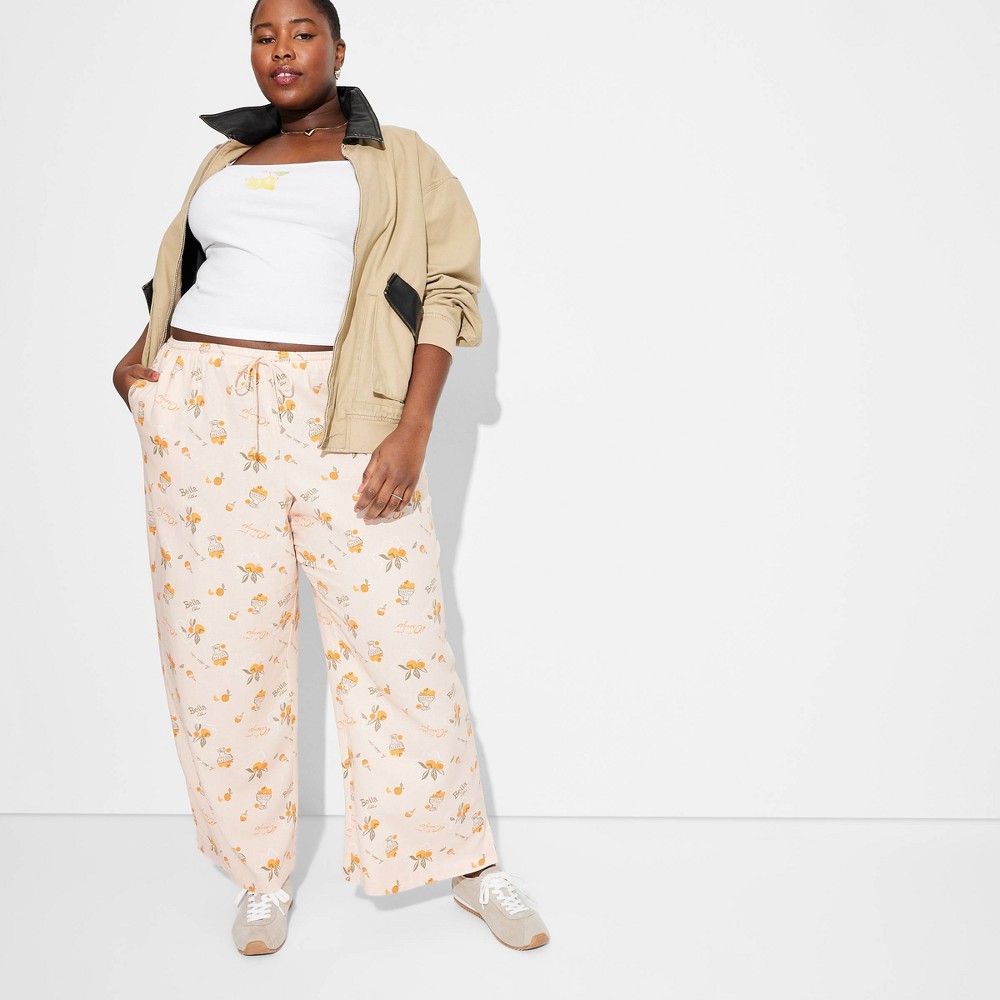 women's pull-on linen pants - wild fable™ xl: wide leg, drawstring waist, food pattern