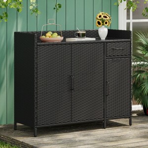 47.5"W Wicker Outdoor Storage Cabinet with Tempered Glass Top, 3 Doors, Drawer, Adjustable Shelf, Weatherproof Rattan Bar Table, Gray/Black-ModernLuxe - 1 of 4