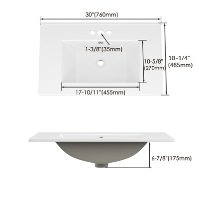 White Ceramic 30" Vanity Top Bathroom Sink with Three Holes