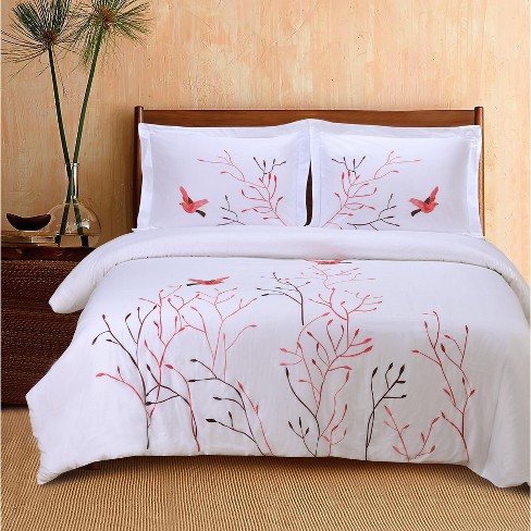 Embroidered Modern Bird and Nature Cotton Duvet Cover and Pillow Sham Set - Blue Nile Mills - image 1 of 4