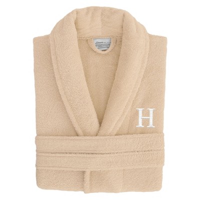 Linum Home Textiles 100% Turkish Cotton Unisex Personalized Terry Bathrobe Beige in White Bookman Font