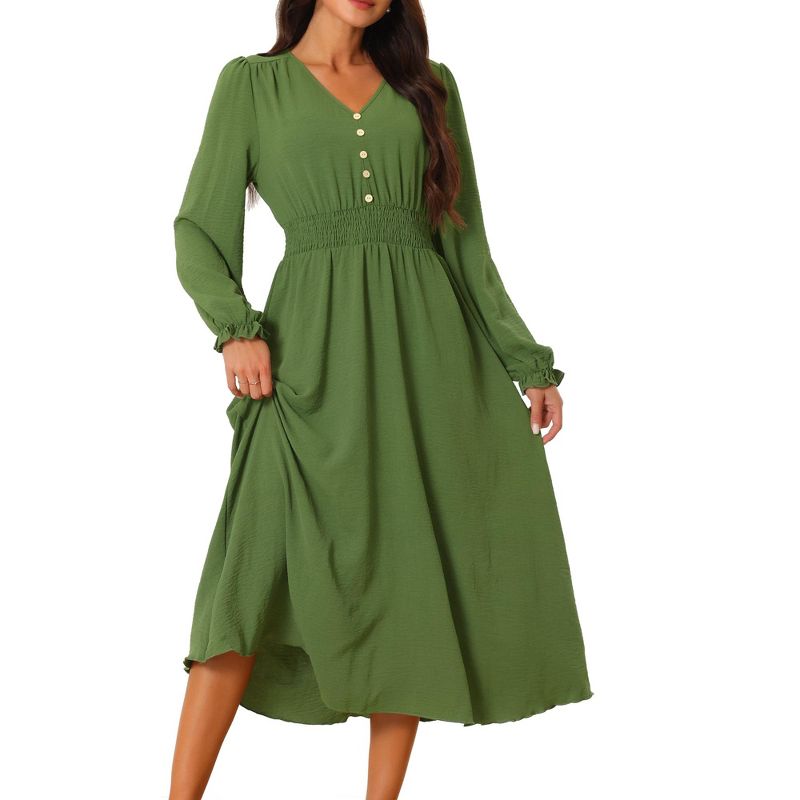 Seta T Women's Casual Long Sleeve Midi V Neck Vintage Smocked Waist Flowy Long Dress, 1 of 6