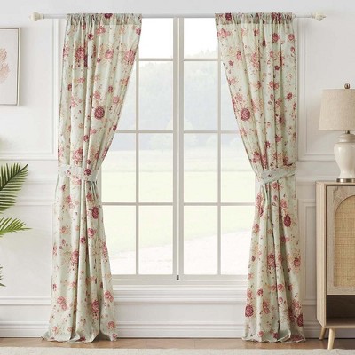 Seafoam Antique Rose Cotton Light-Filtering Rod Pocket Curtain Panels