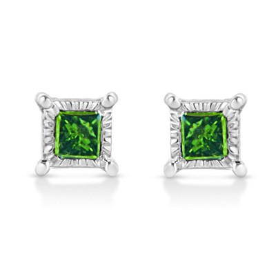 Haus of Brilliance Silver 1/10 Cttw Miracle Set Princess-Cut Treated Green Diamond Stud Earrings