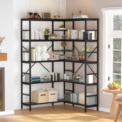 Jojoka 4-Tier L-Shaped Industrial Bookshelf, Heavy Duty Corner Bookcase with Open Shelves and Curved Panels for Bedroom or Living Room Display